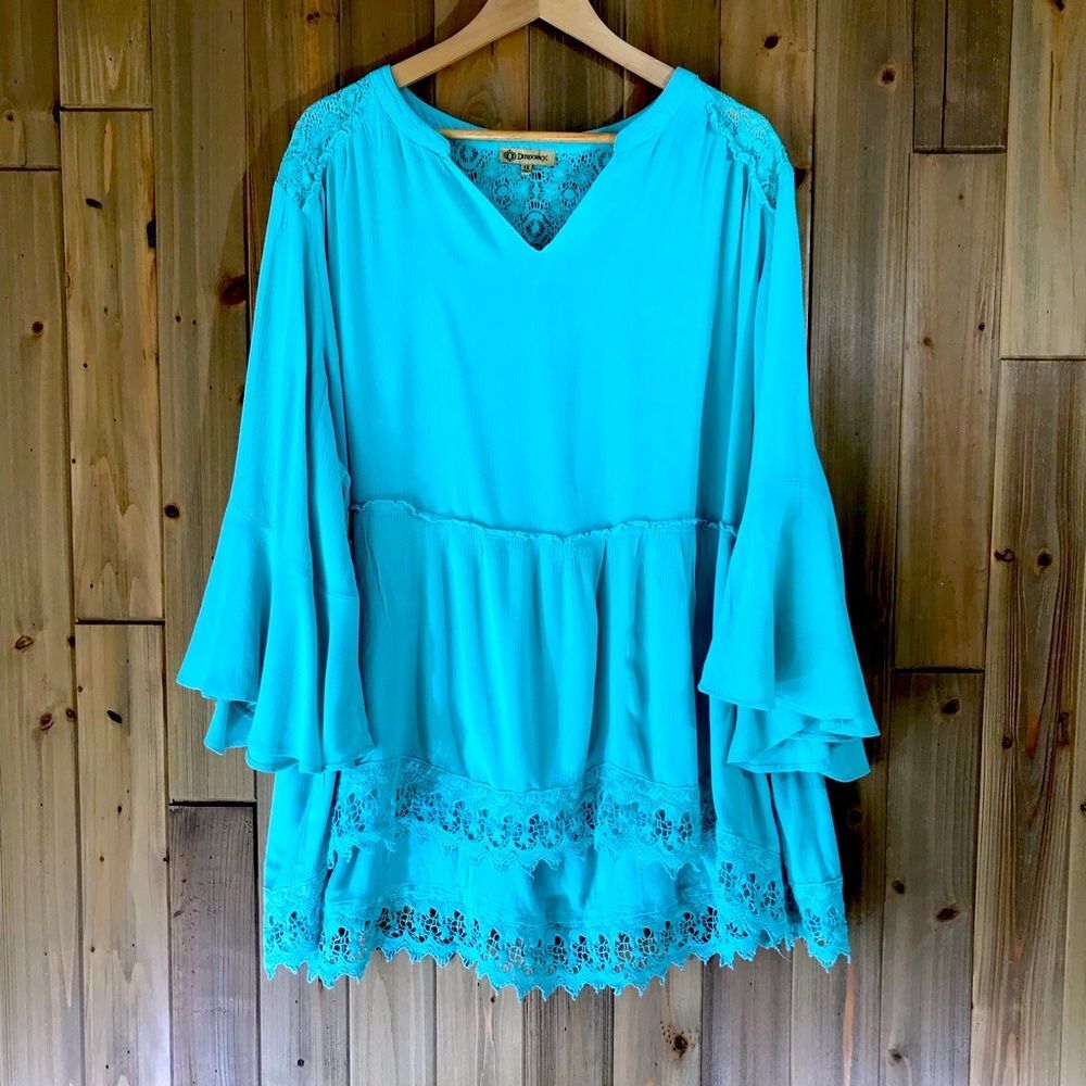 Democracy Womens Tunic Blouse Teal Top Lace 3/4 Sleeve Size 3X - Picture 2 of 16